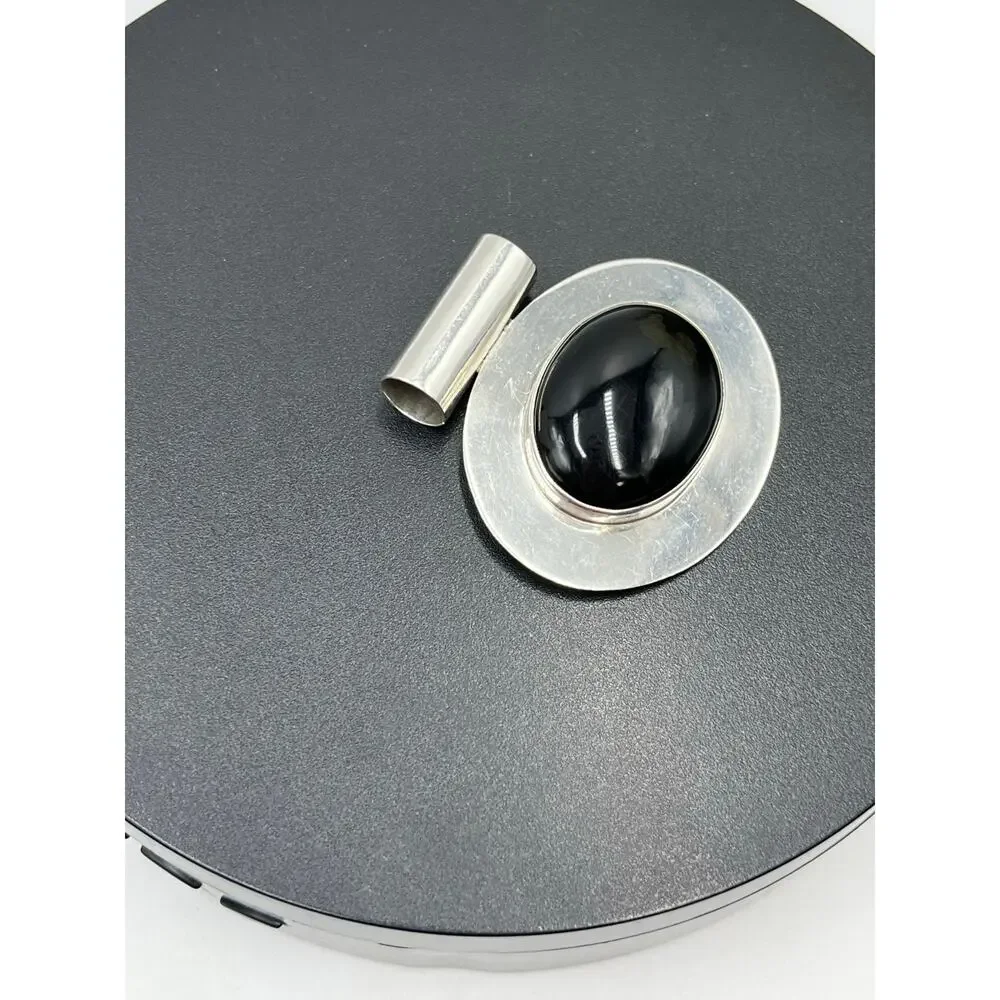 Vintage Sterling Silver Large Mexico TJ-78 Black Onyx Oval Modernist‎ Pendant
